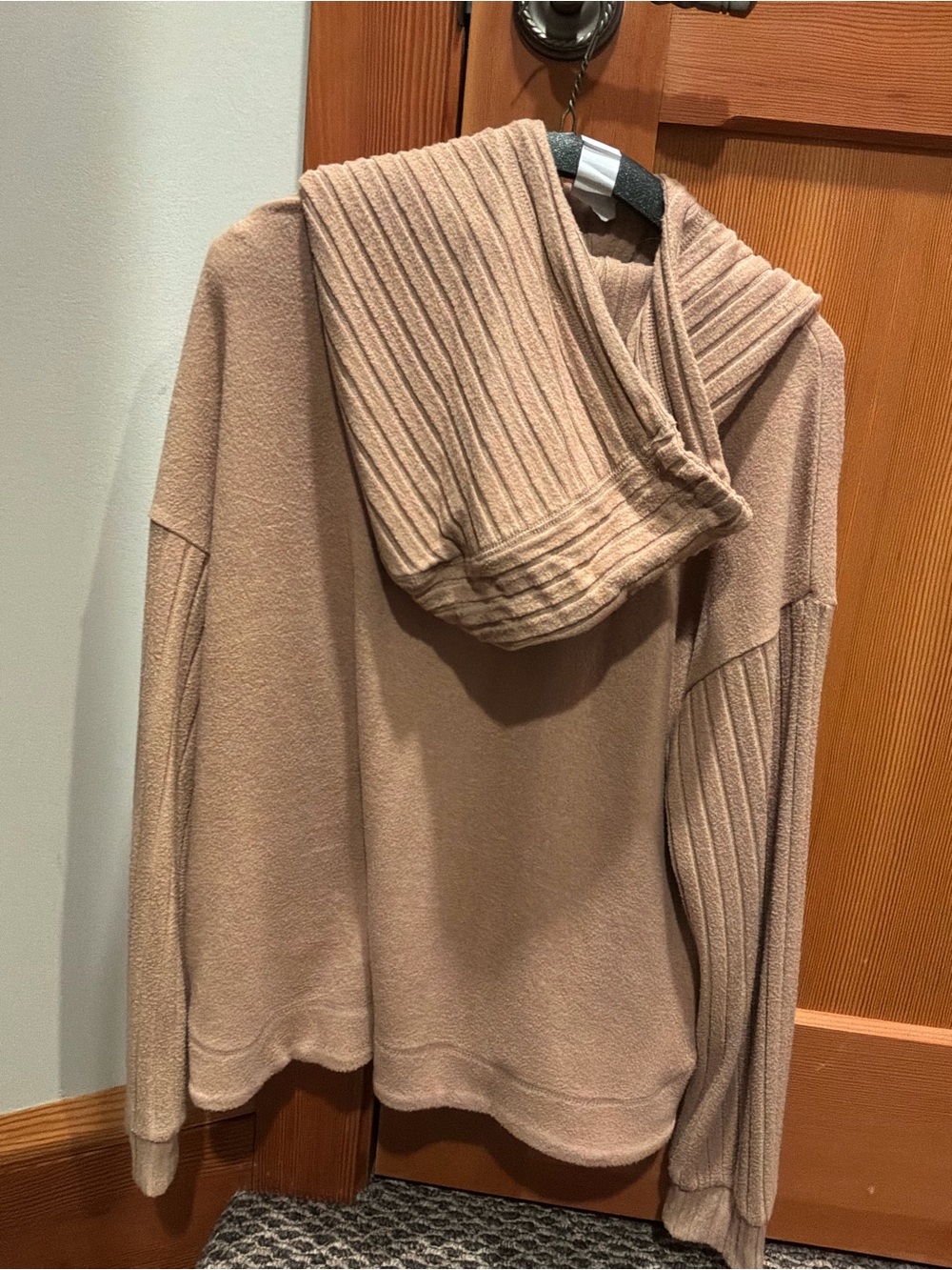 Relaxed Rib-Trim Hooded Sweater in Beige
